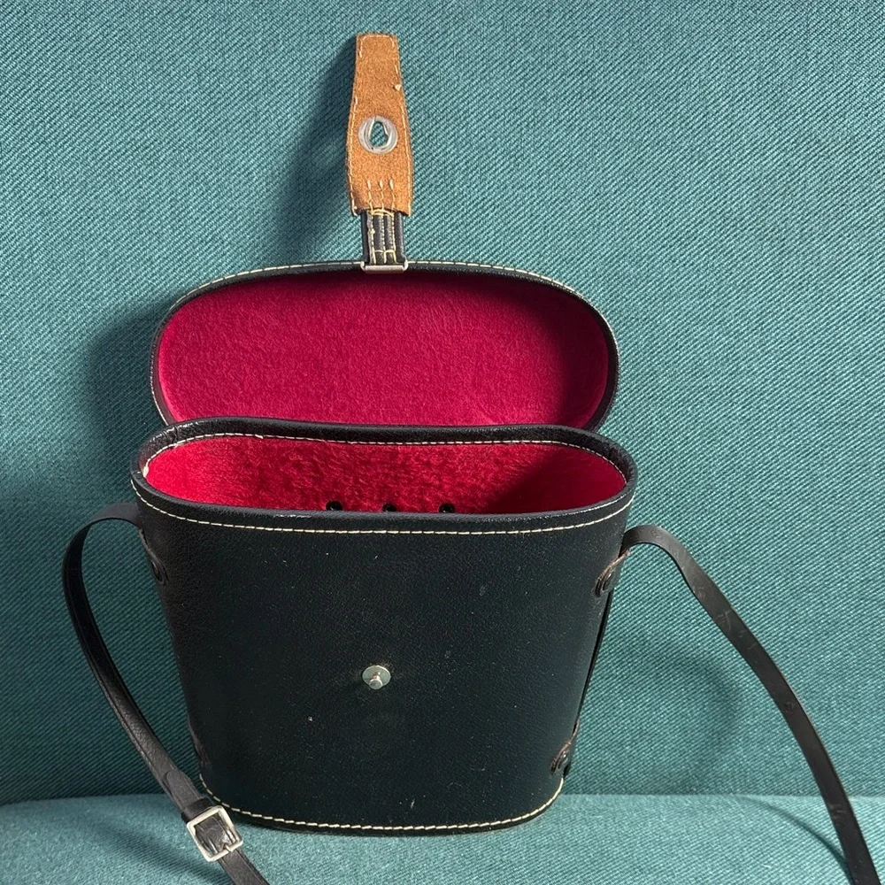 Vintage Antique Binoculars Case Black with Red Lining and Adjustable Strap
